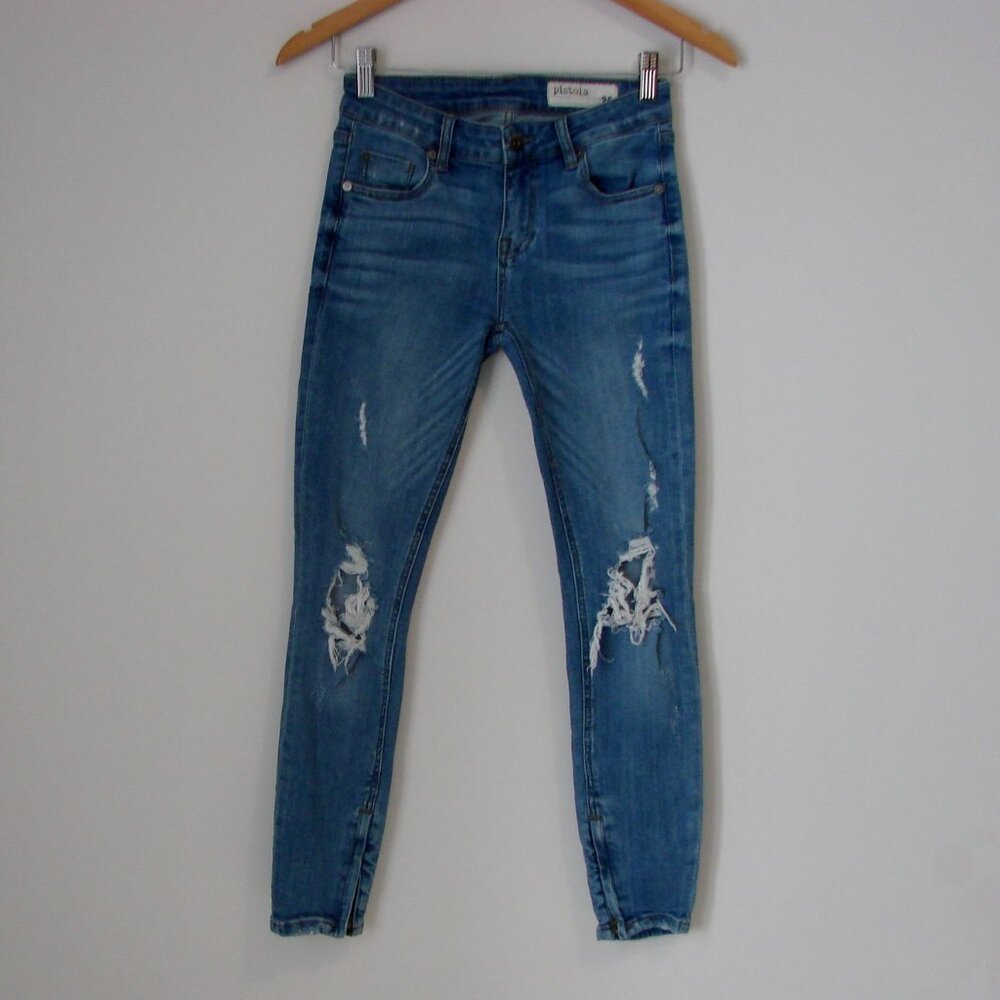 Pistola Skinny Jeans Md Rise Distressed Ripped Zipper Ankle Size 25